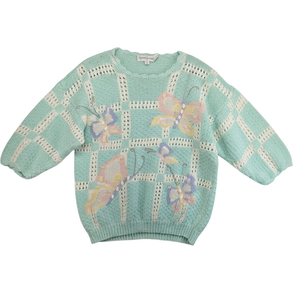 Vintage Marisa Christina Butterfly Knit Sweater Mint Green Pastel Ramie Cotton L
